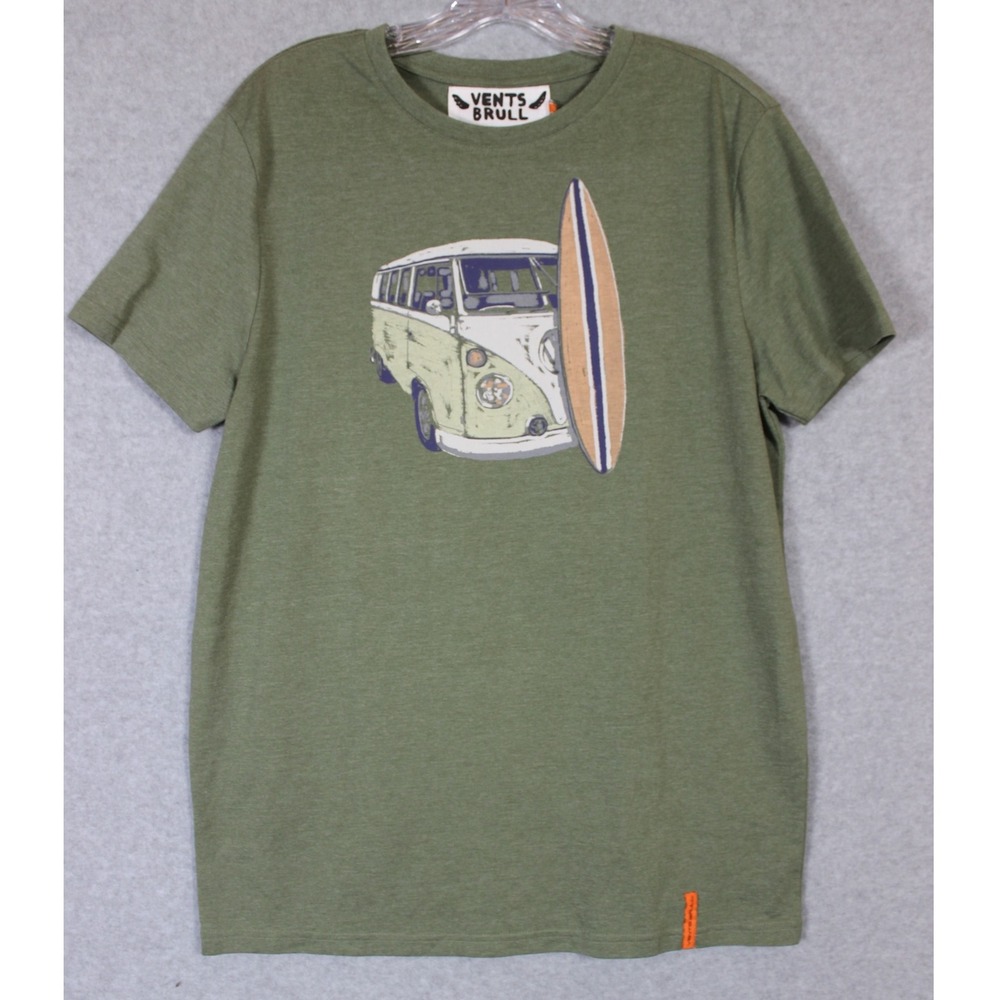 Vents Brull‎ Olive Green Graphic T Shirt Mens Medium VW Bus Surfboard Tee